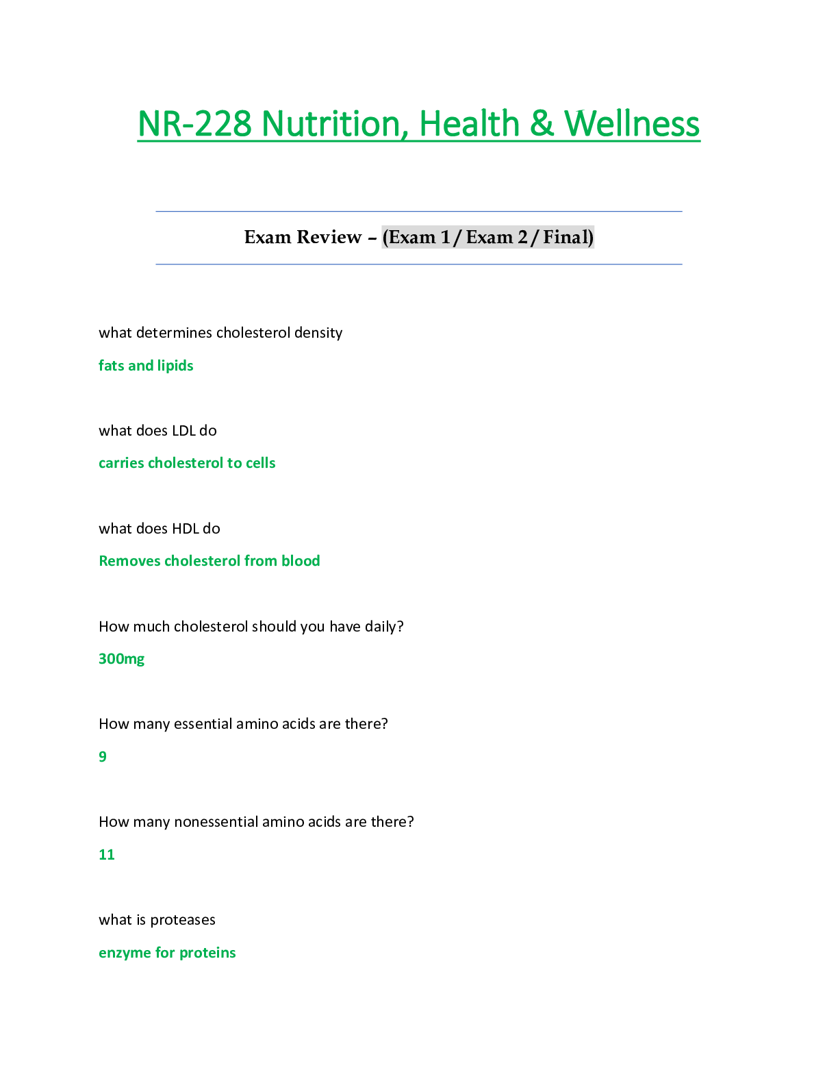 Preview of NR228 / NR-228 Exam Review – {Exam 1 / Exam 2 / Final}  : Nutrition, Health & Wellness - C
